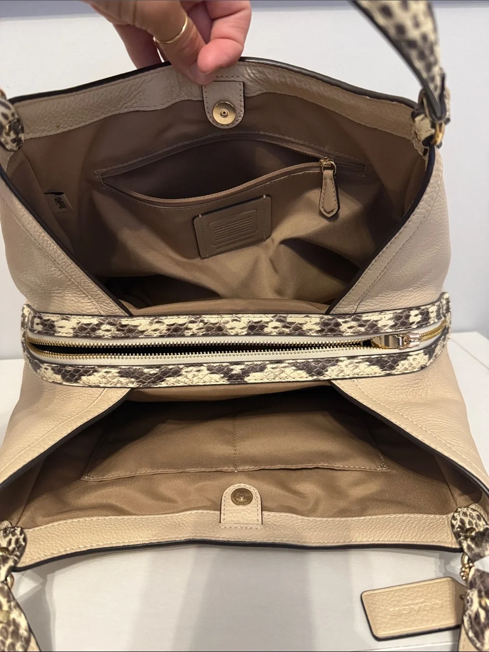 Coach Kristy Signature Beige Canvas Shoulder Bag with Snake-Print Trim